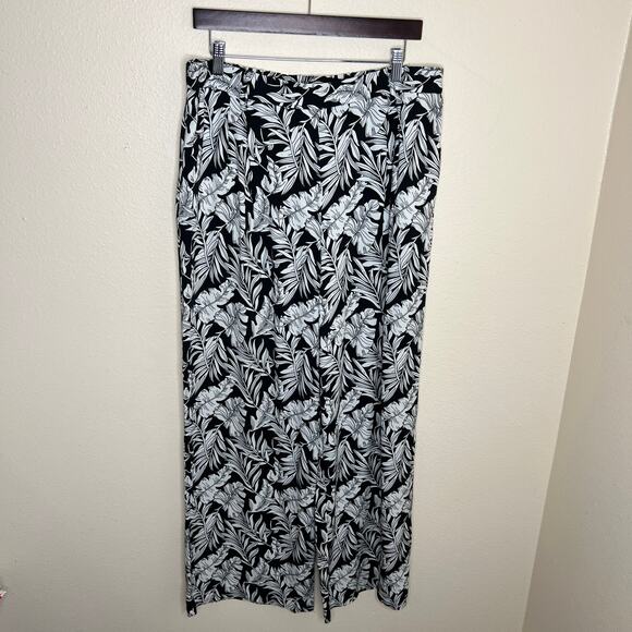 Adrienne Vittadini Black White Floral Print Wide Leg Pull On Pant Large - Picture 1 of 12